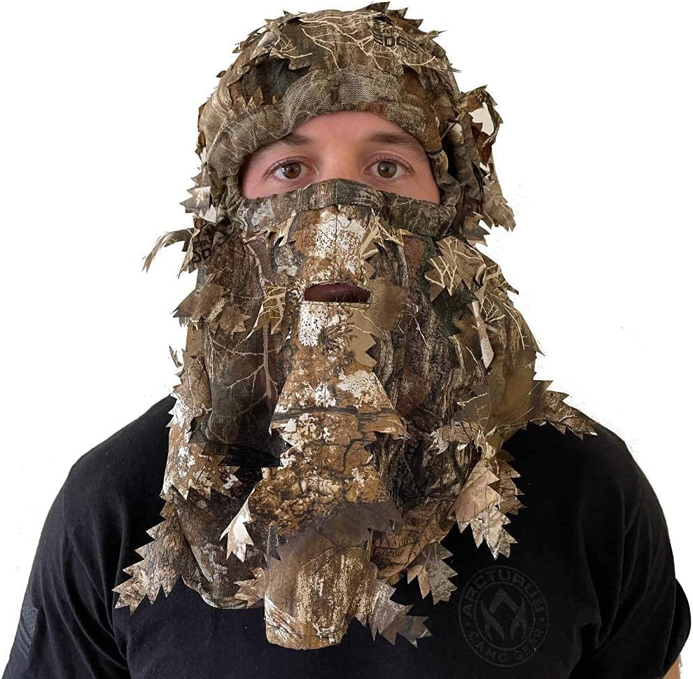 Camo 3D Leaf Ghillie Camouflage Face Mask. Leafy, Full Coverage, Breathable Hunting Mask with Customizable Fit