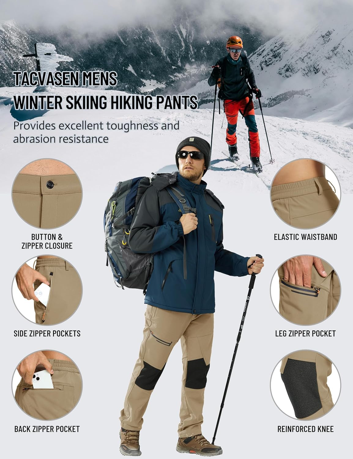 Men'S Snow Ski Pants Windproof Snowboard Pants for Men Water Resistant Hiking Pants Fleece Lined Winter Working