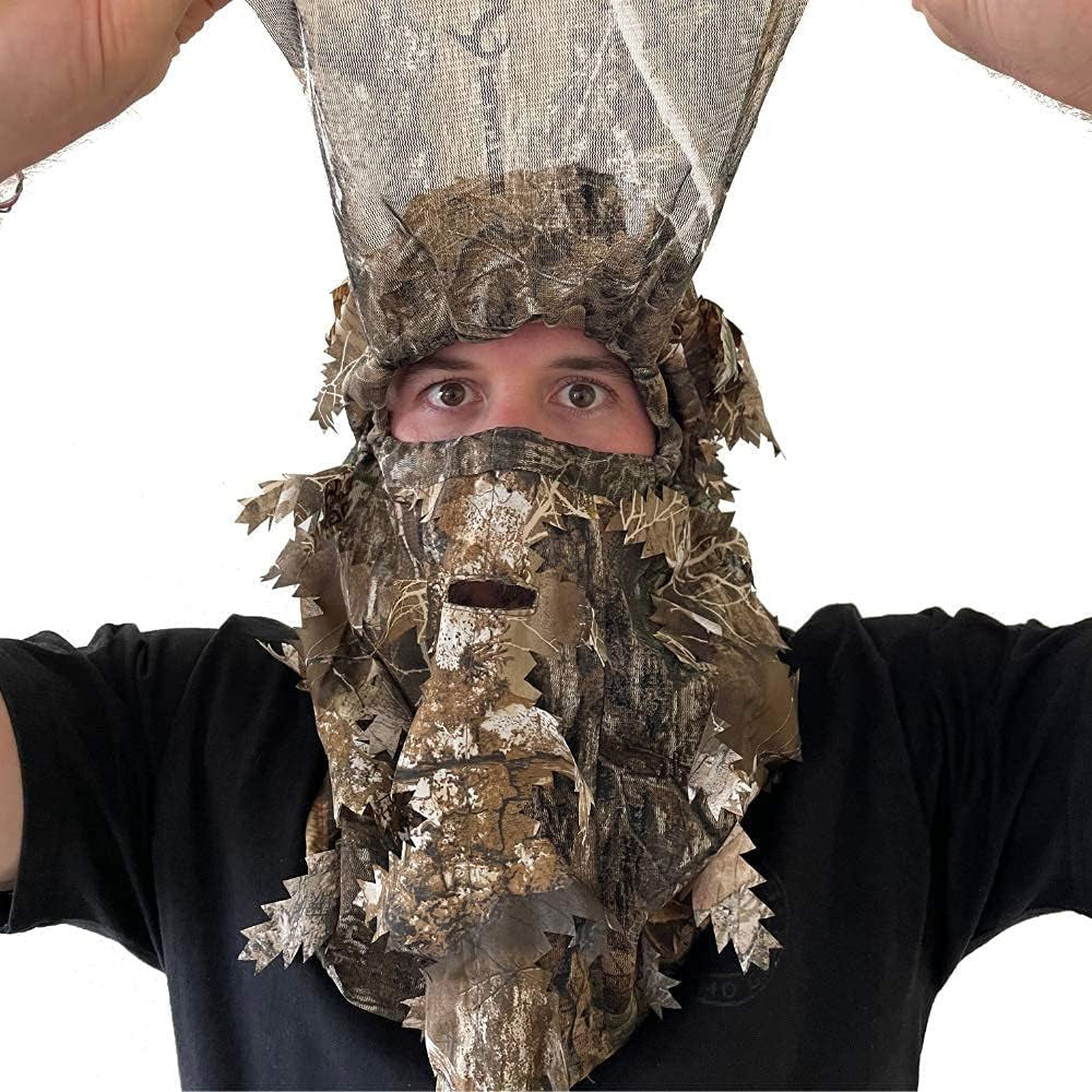 Camo 3D Leaf Ghillie Camouflage Face Mask. Leafy, Full Coverage, Breathable Hunting Mask with Customizable Fit